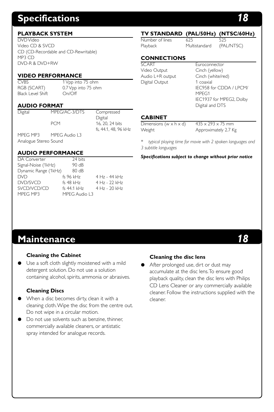 Specifications, Maintenance | Philips DVD634 User Manual | Page 23 / 24