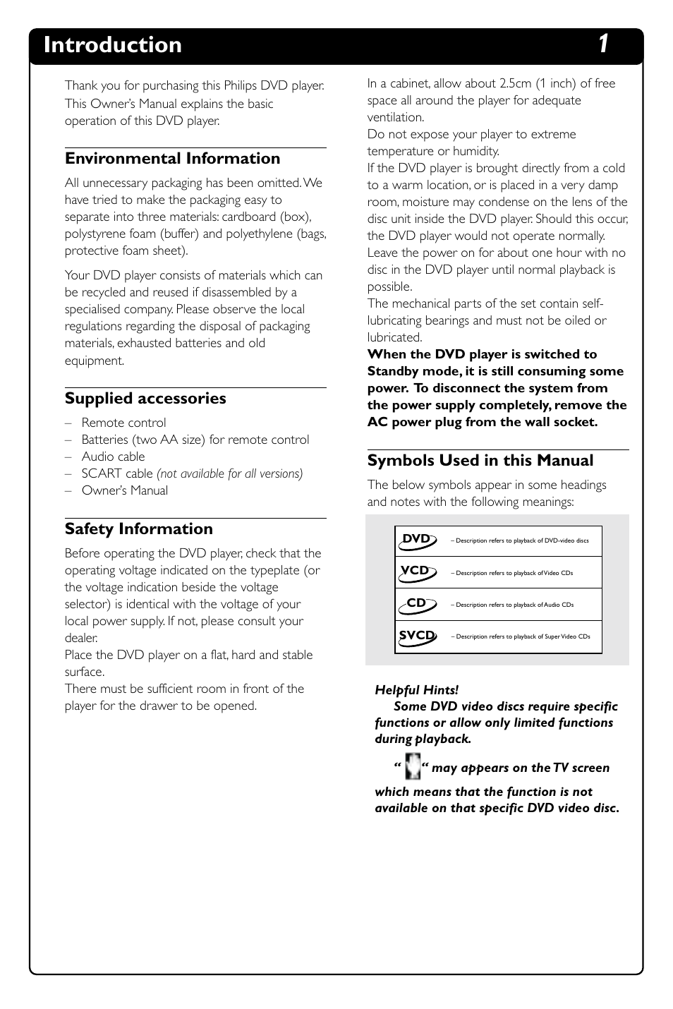 Introduction, Environmental information, Supplied accessories | Safety information, Symbols used in this manual | Philips DVD634 User Manual | Page 6 / 24