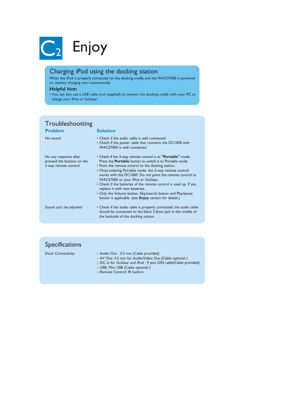 Enjoy, Troubleshootting, Specifications | Charging ipod using the docking station | Philips DC1000 User Manual | Page 7 / 8