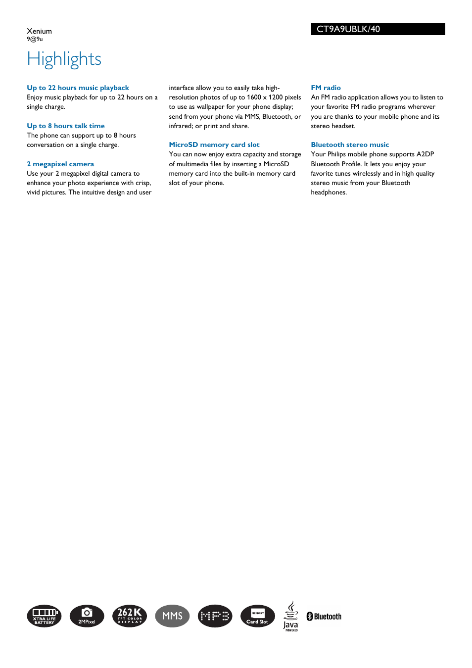 Highlights, Ct9a9ublk/40 | Philips CT9A9UBLK User Manual | Page 2 / 3