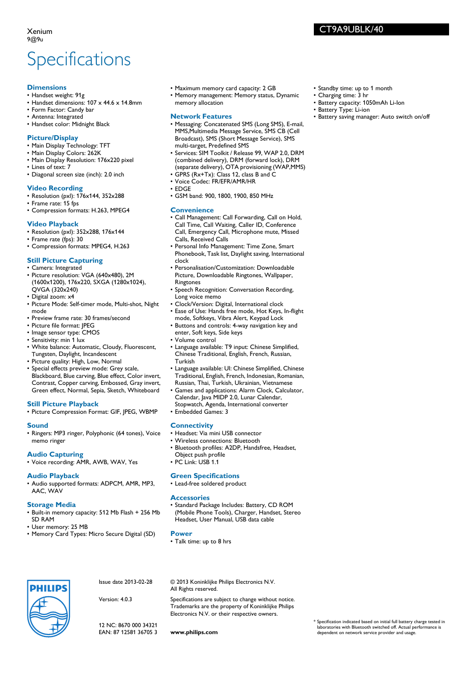 Specifications, Ct9a9ublk/40 | Philips CT9A9UBLK User Manual | Page 3 / 3