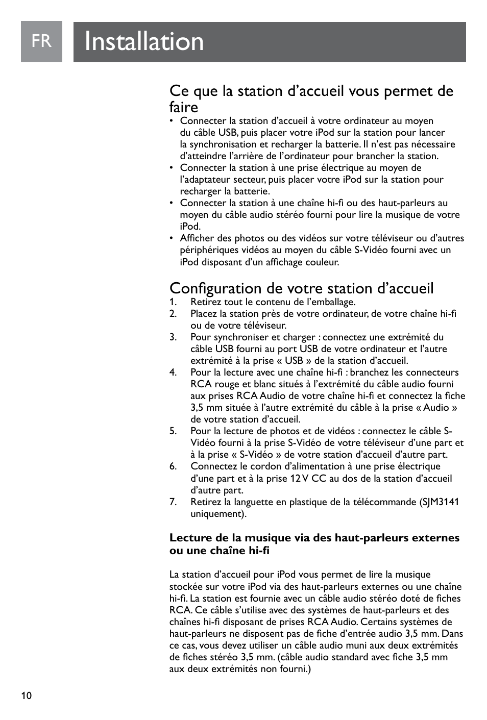 Installation, Ce que la station d’accueil vous permet de faire, Configuration de votre station d’accueil | Philips SJM3141 User Manual | Page 10 / 101