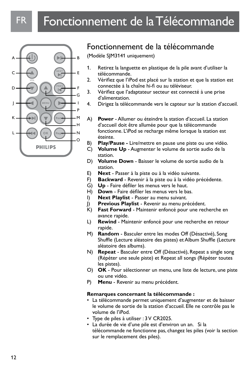 Fonctionnement de la télécommande | Philips SJM3141 User Manual | Page 12 / 101