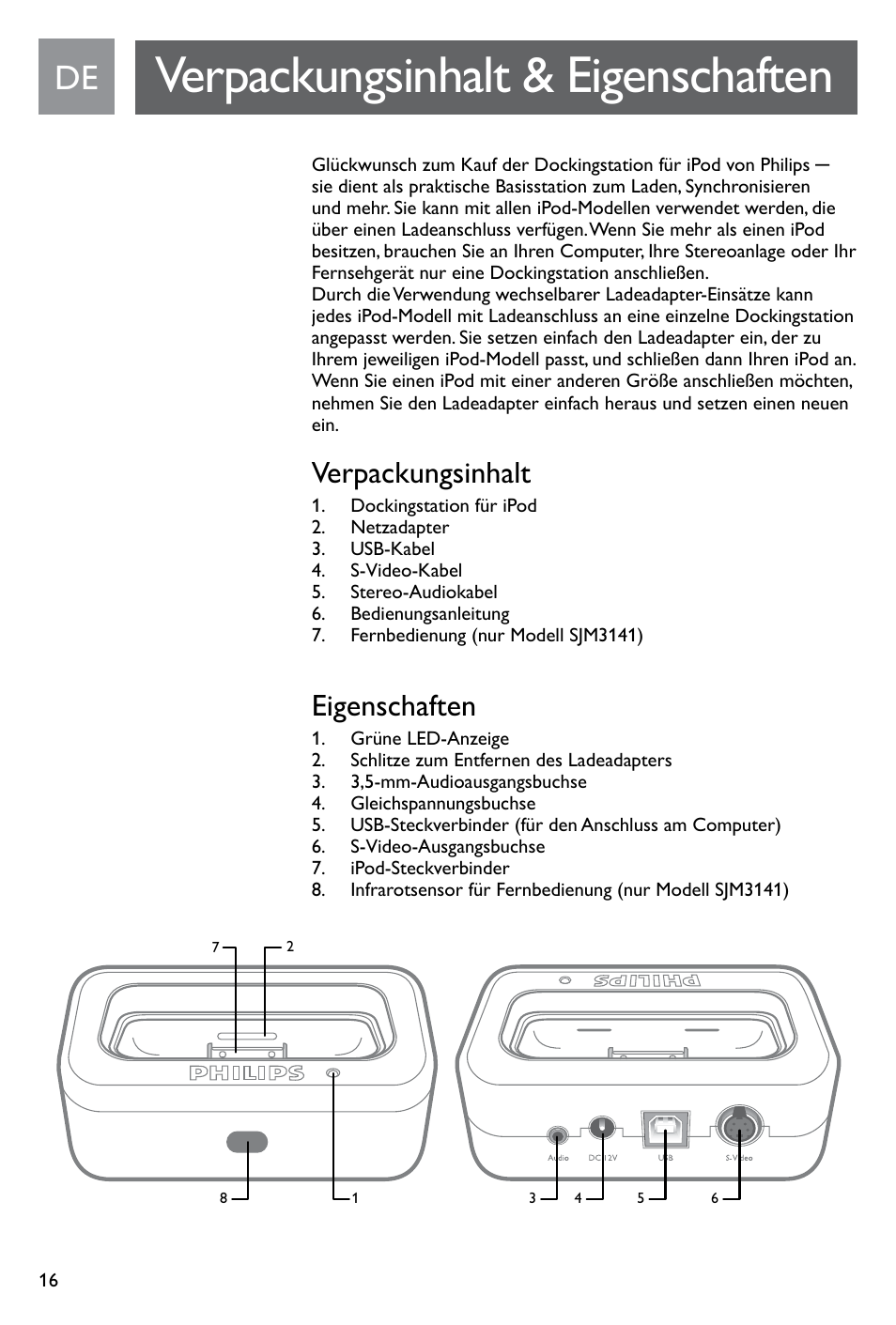 Verpackungsinhalt & eigenschaften, Verpackungsinhalt, Eigenschaften | Philips SJM3141 User Manual | Page 16 / 101