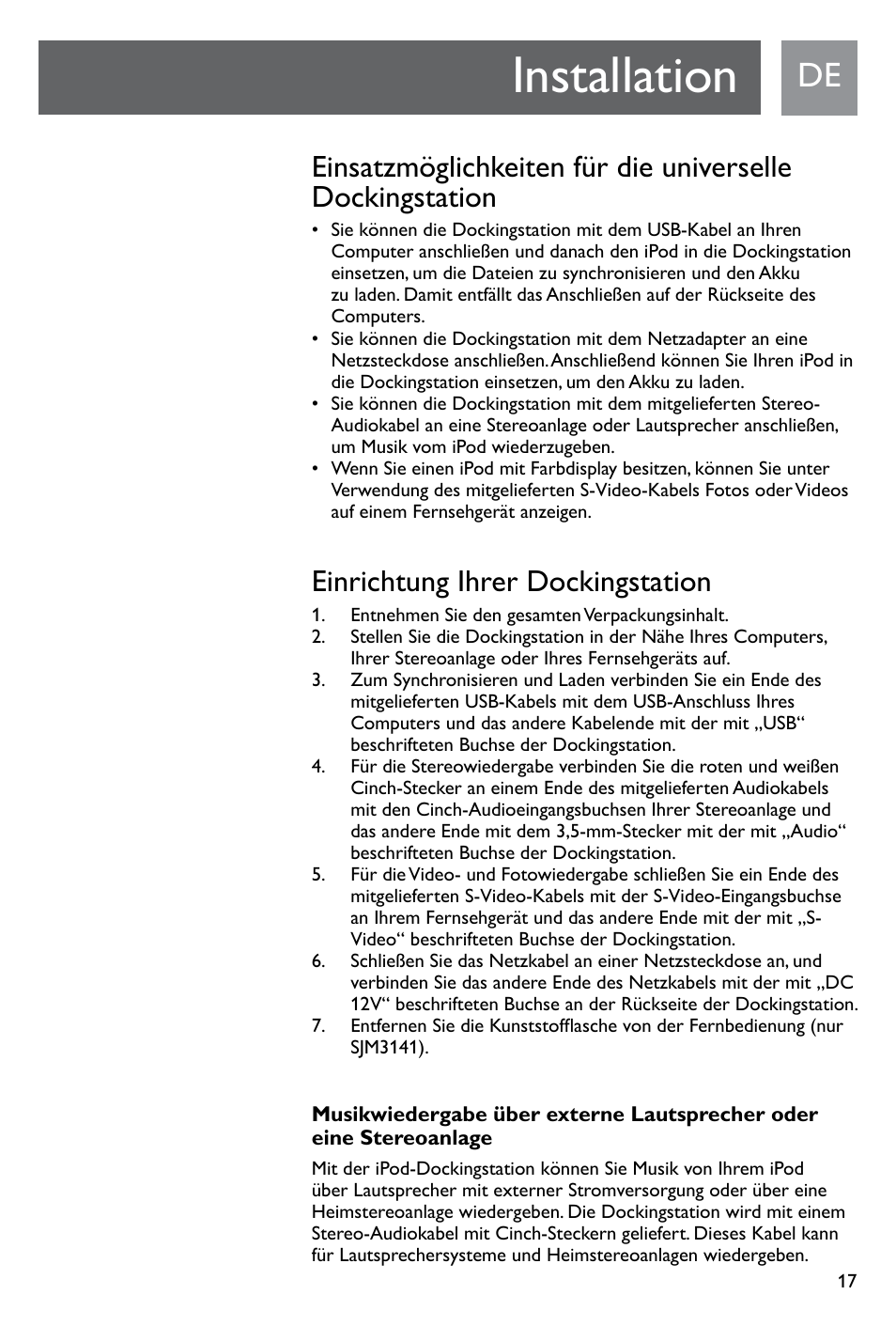 Installation, Einrichtung ihrer dockingstation | Philips SJM3141 User Manual | Page 17 / 101