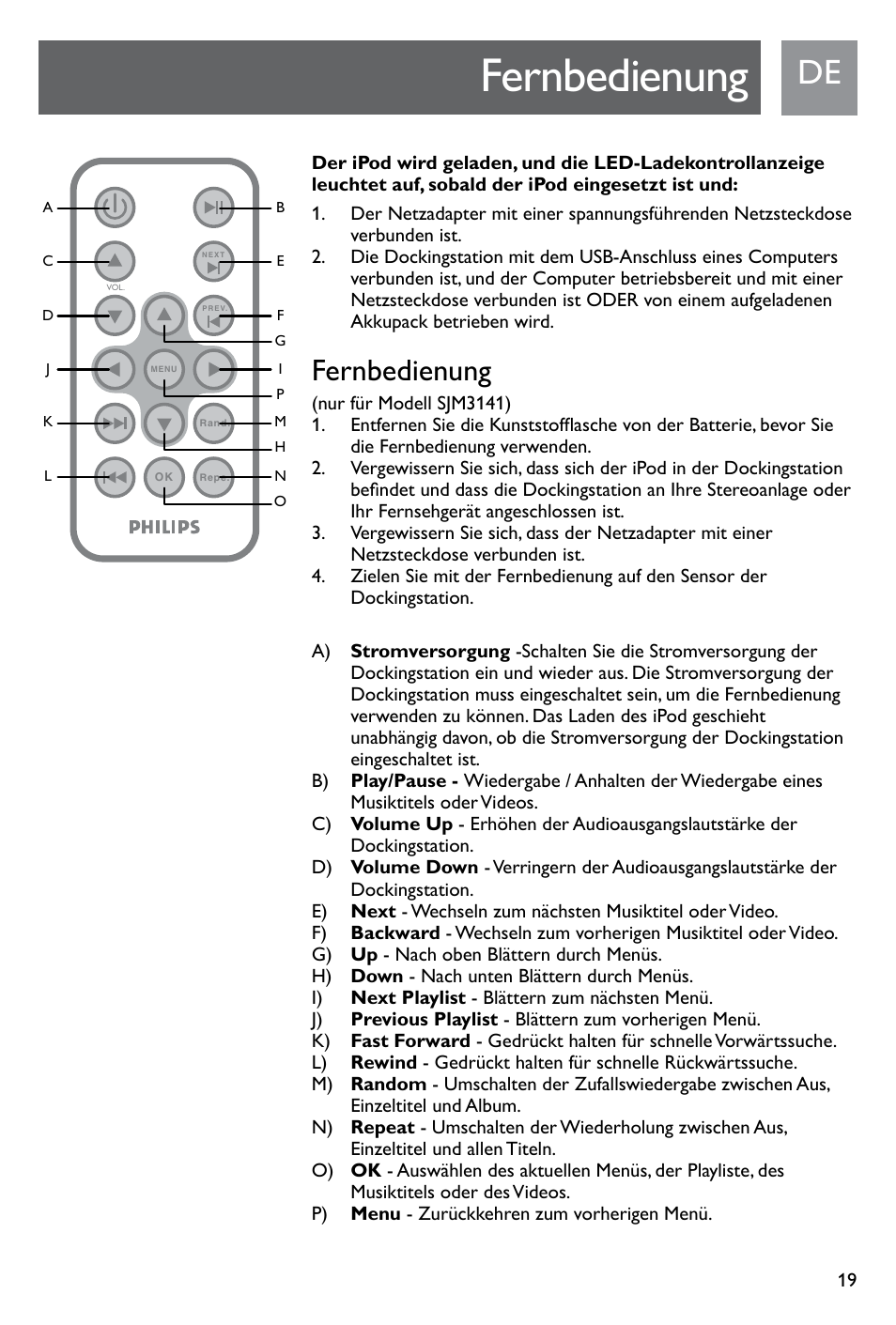 Fernbedienung | Philips SJM3141 User Manual | Page 19 / 101