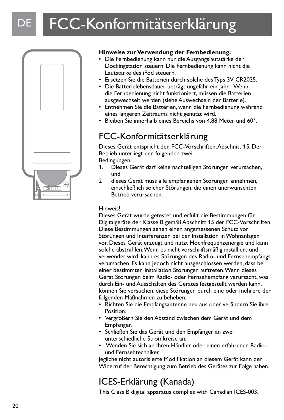 Fcc-konformitätserklärung, Ices-erklärung (kanada) | Philips SJM3141 User Manual | Page 20 / 101