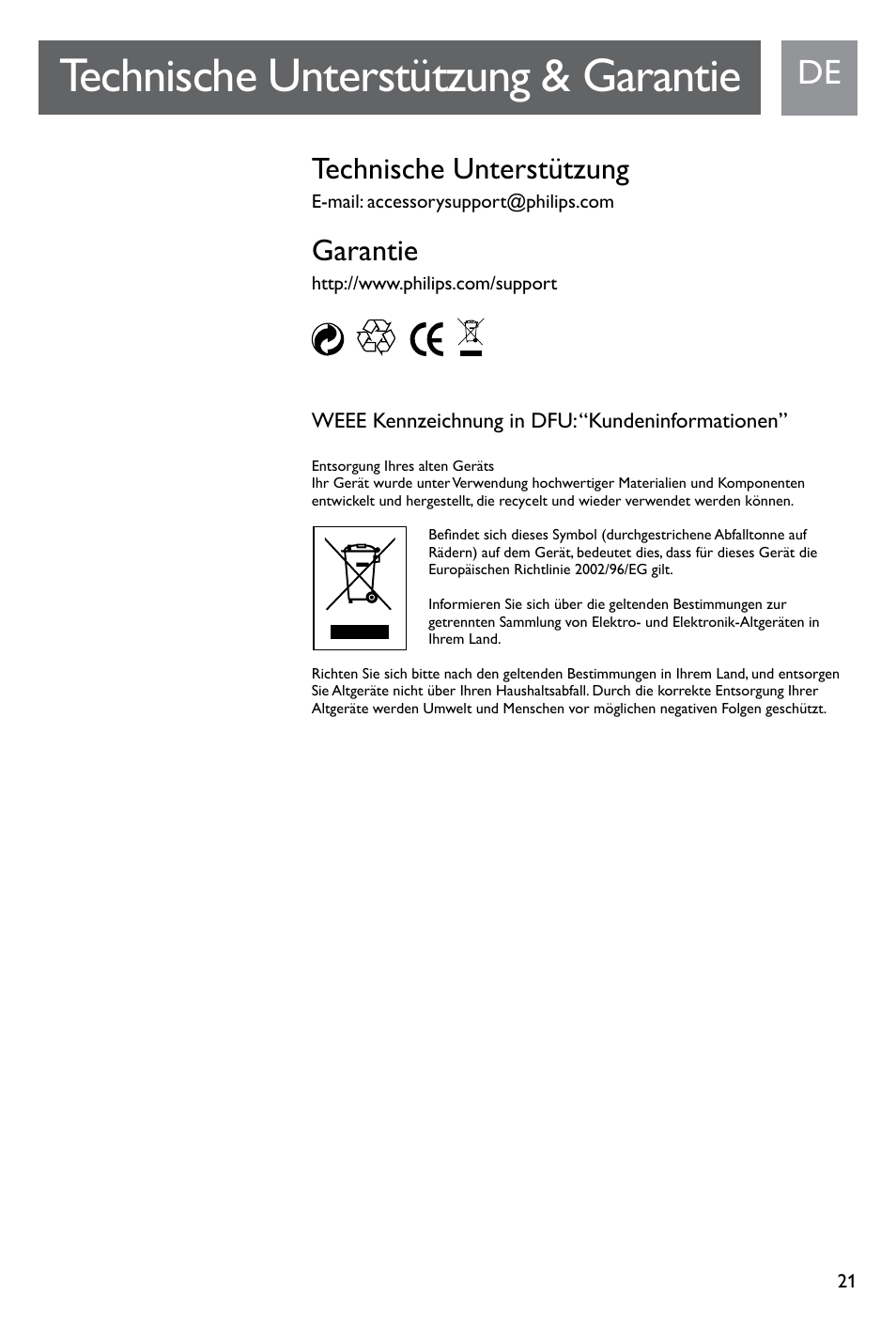 Technische unterstützung & garantie, Technische unterstützung, Garantie | Weee kennzeichnung in dfu: “kundeninformationen | Philips SJM3141 User Manual | Page 21 / 101