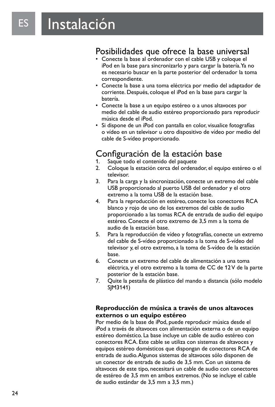 Instalación, Posibilidades que ofrece la base universal, Configuración de la estación base | Philips SJM3141 User Manual | Page 24 / 101