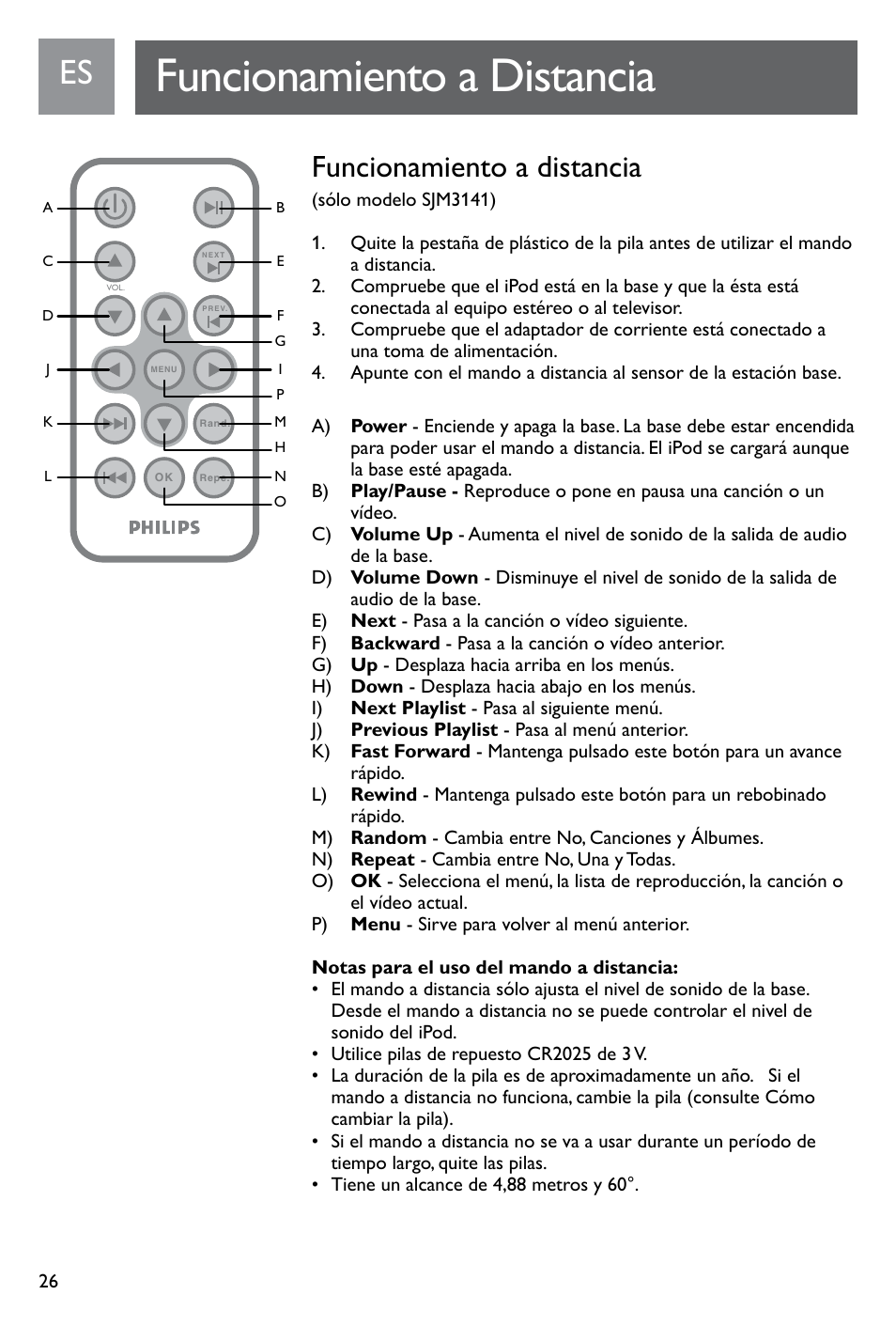 Funcionamiento a distancia | Philips SJM3141 User Manual | Page 26 / 101