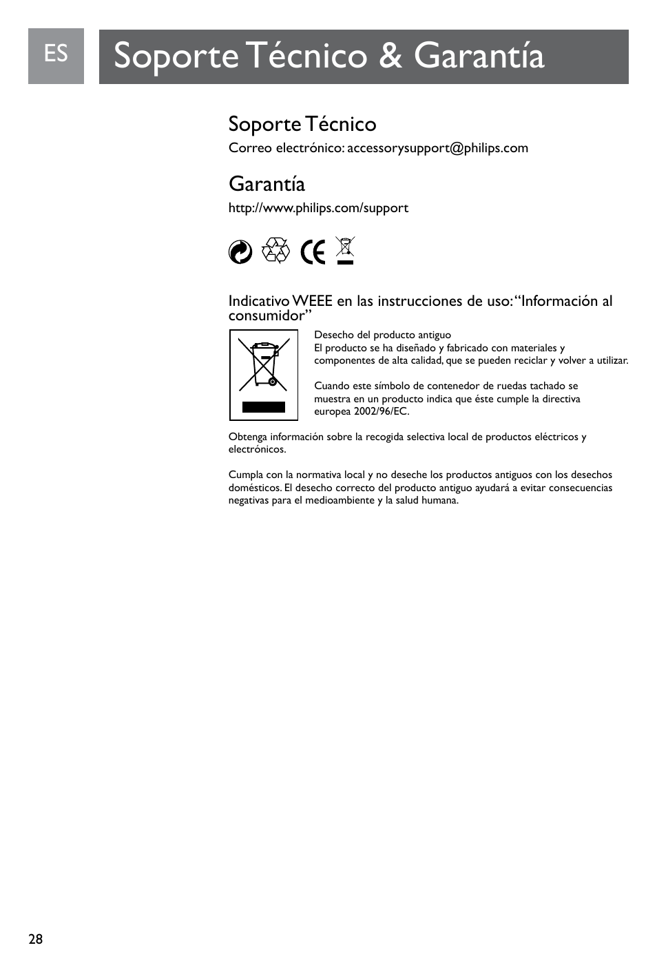 Soporte técnico & garantía, Soporte técnico, Garantía | Philips SJM3141 User Manual | Page 28 / 101