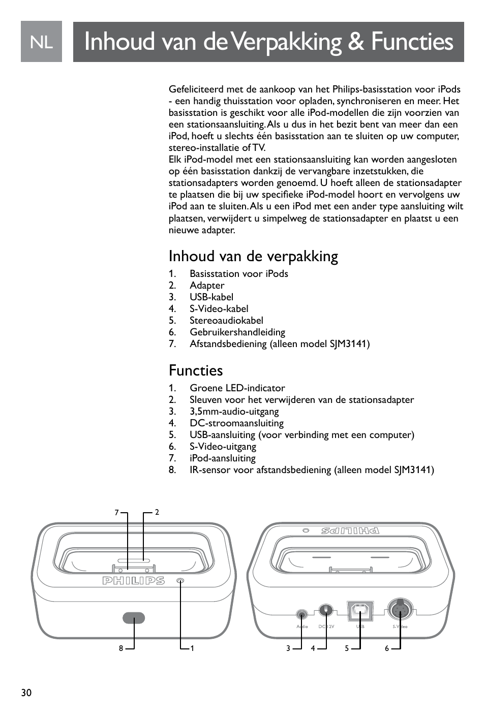 Inhoud van de verpakking & functies, Inhoud van de verpakking, Functies | Philips SJM3141 User Manual | Page 30 / 101