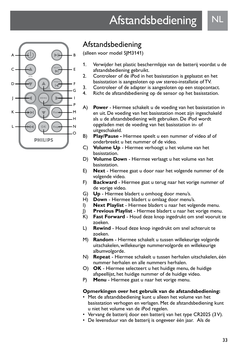 Afstandsbediening | Philips SJM3141 User Manual | Page 33 / 101