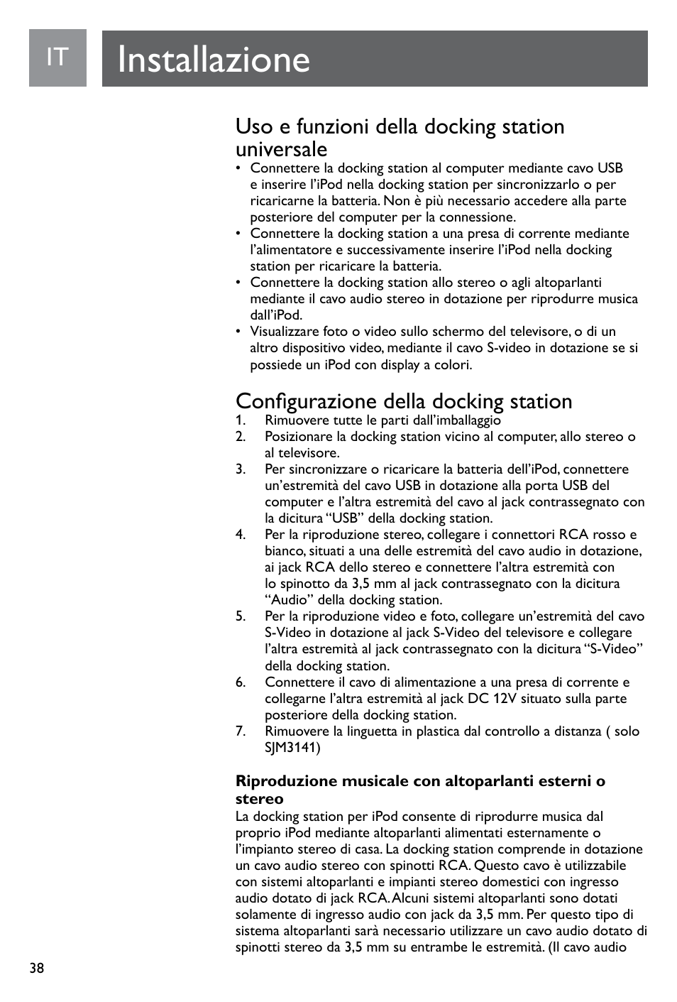 Installazione, Uso e funzioni della docking station universale, Configurazione della docking station | Philips SJM3141 User Manual | Page 38 / 101