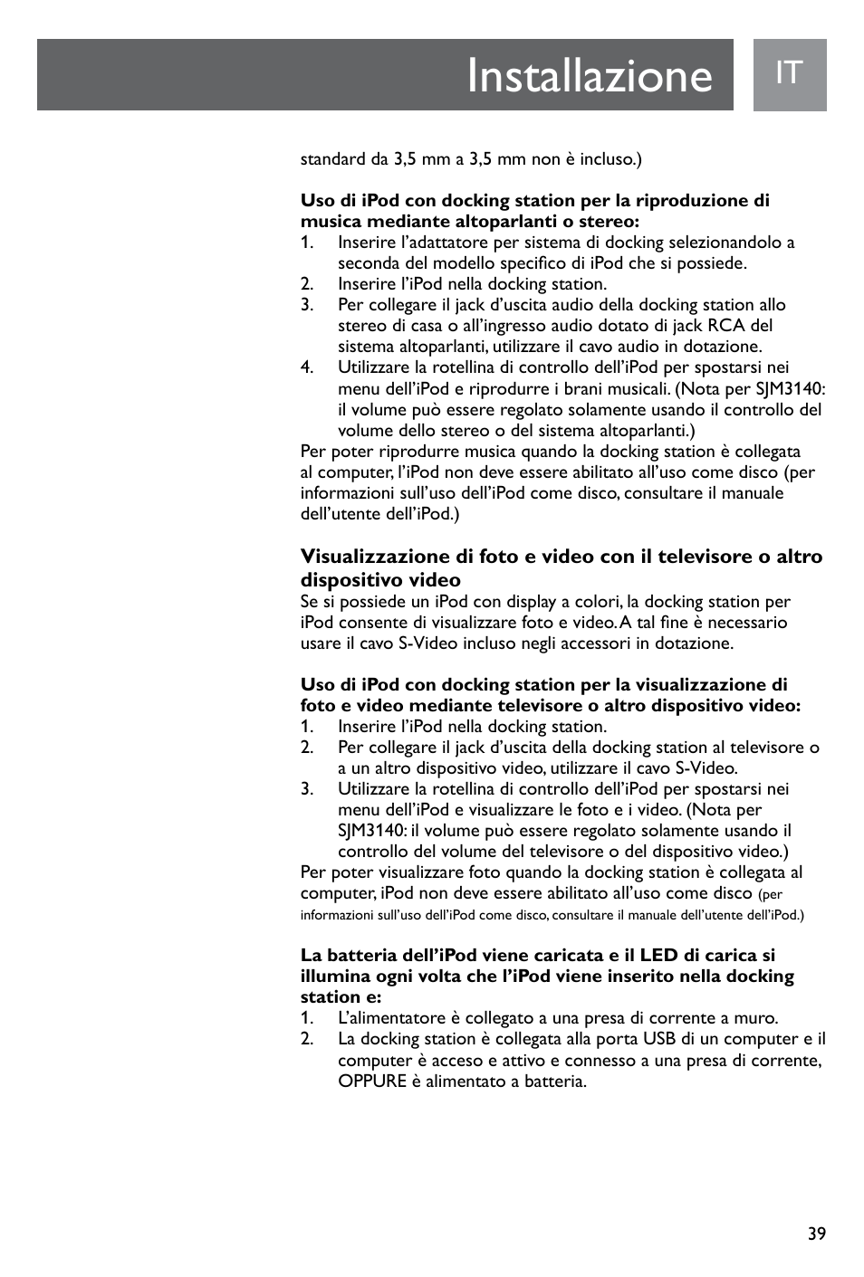 Installazione | Philips SJM3141 User Manual | Page 39 / 101