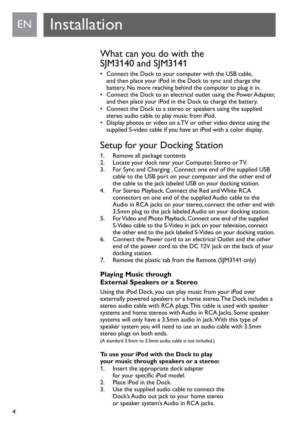 Installation, Setup for your docking station | Philips SJM3141 User Manual | Page 4 / 101