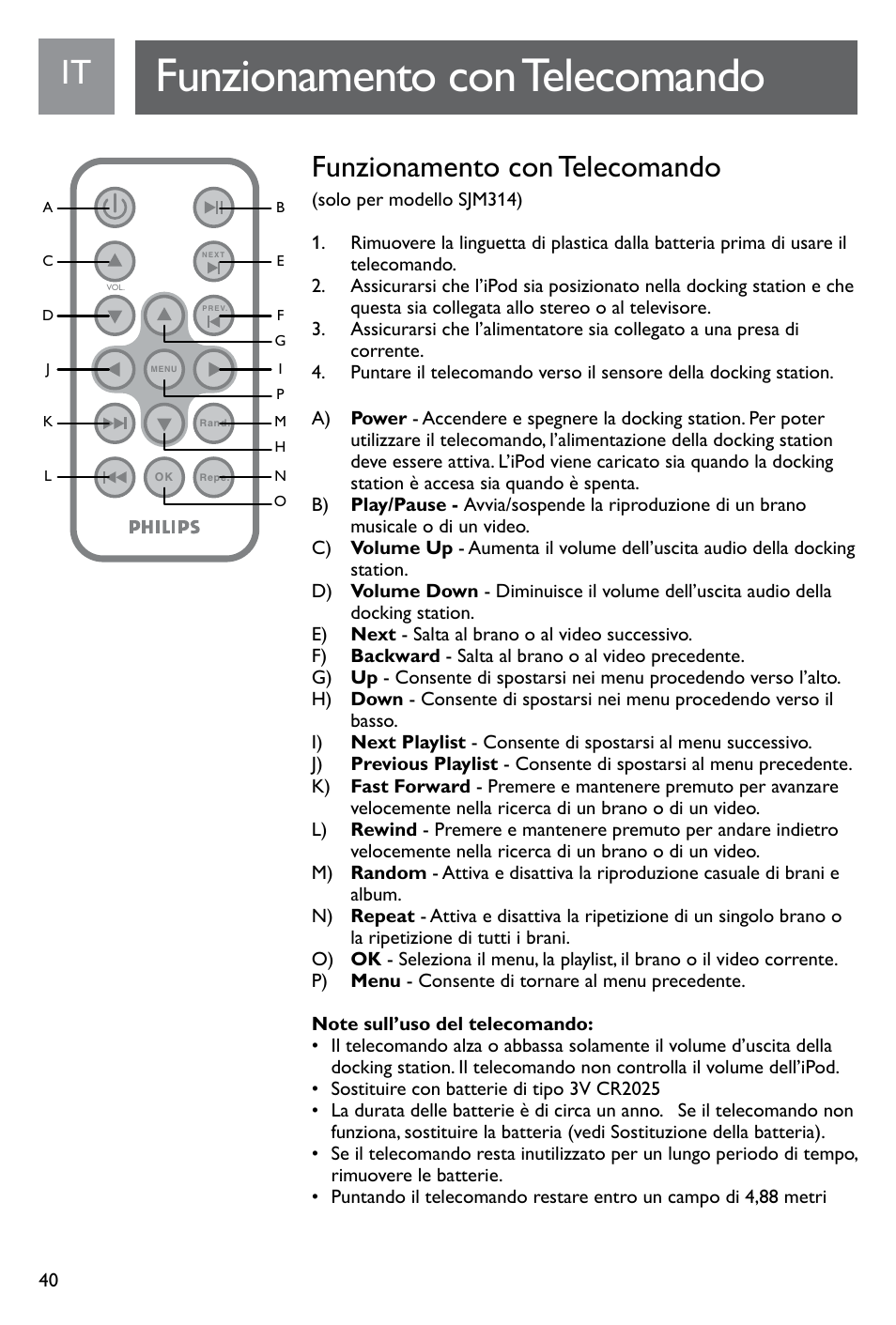 Funzionamento con telecomando | Philips SJM3141 User Manual | Page 40 / 101