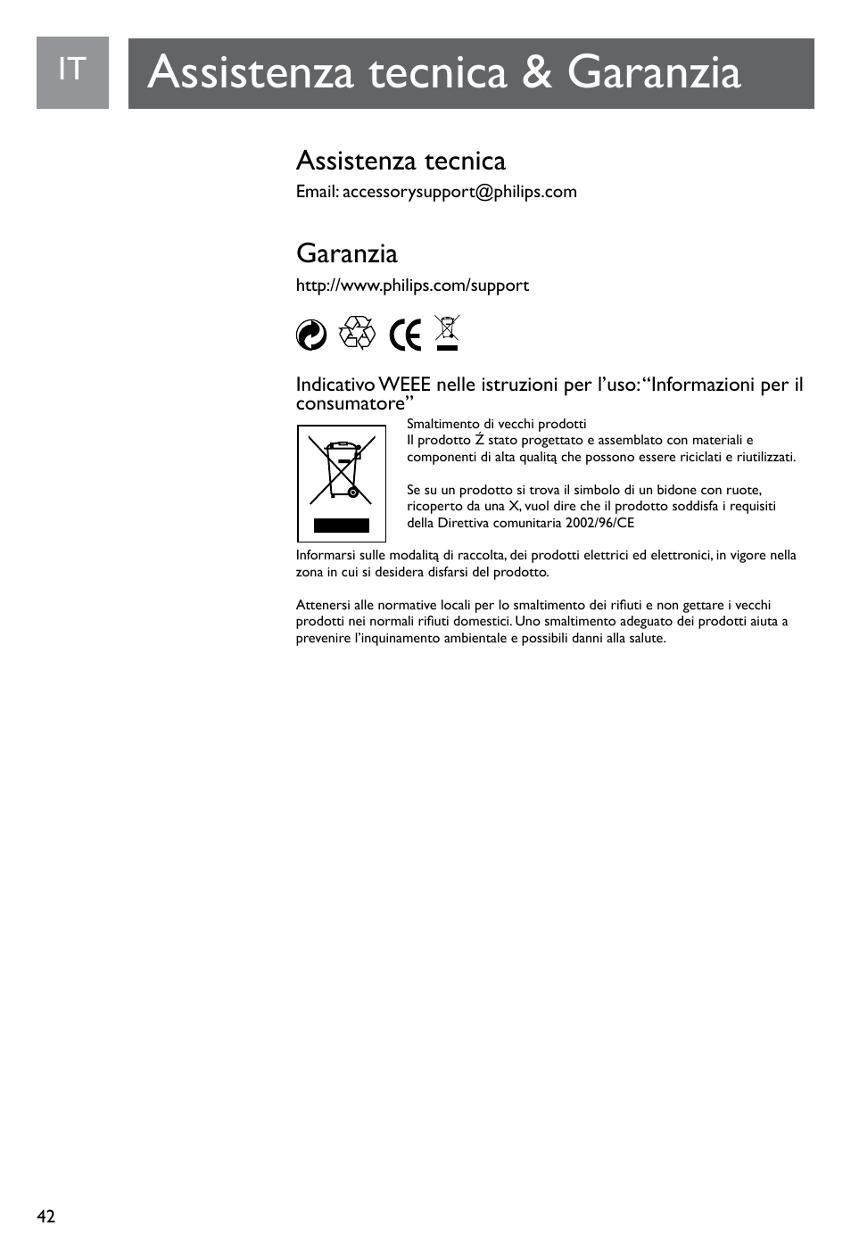 Assistenza tecnica & garanzia, Assistenza tecnica, Garanzia | Philips SJM3141 User Manual | Page 42 / 101