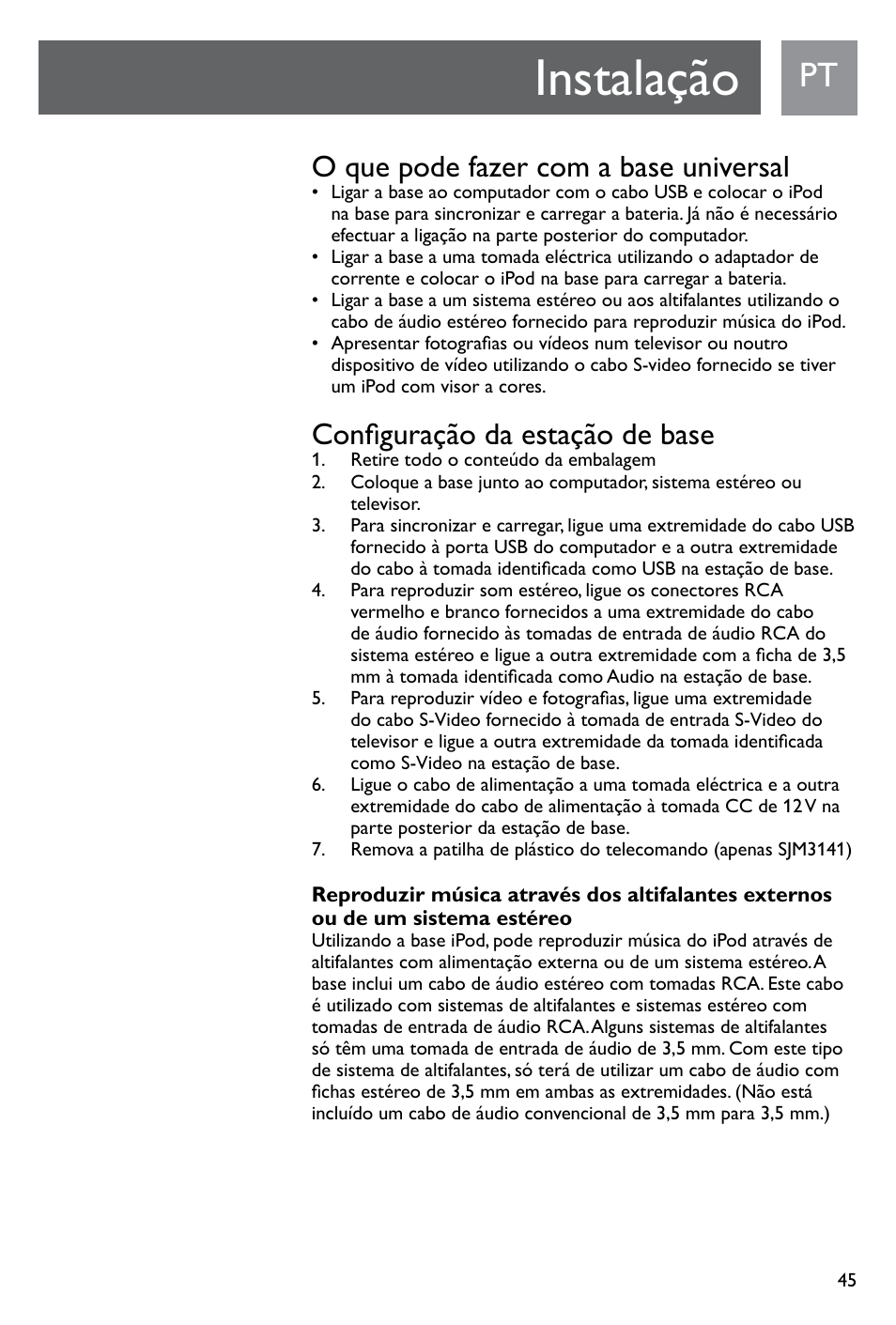 Instalação, O que pode fazer com a base universal, Configuração da estação de base | Philips SJM3141 User Manual | Page 45 / 101