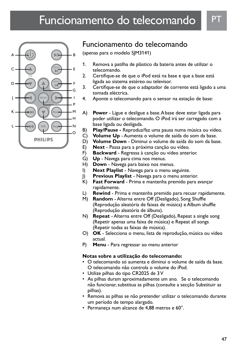 Funcionamento do telecomando | Philips SJM3141 User Manual | Page 47 / 101