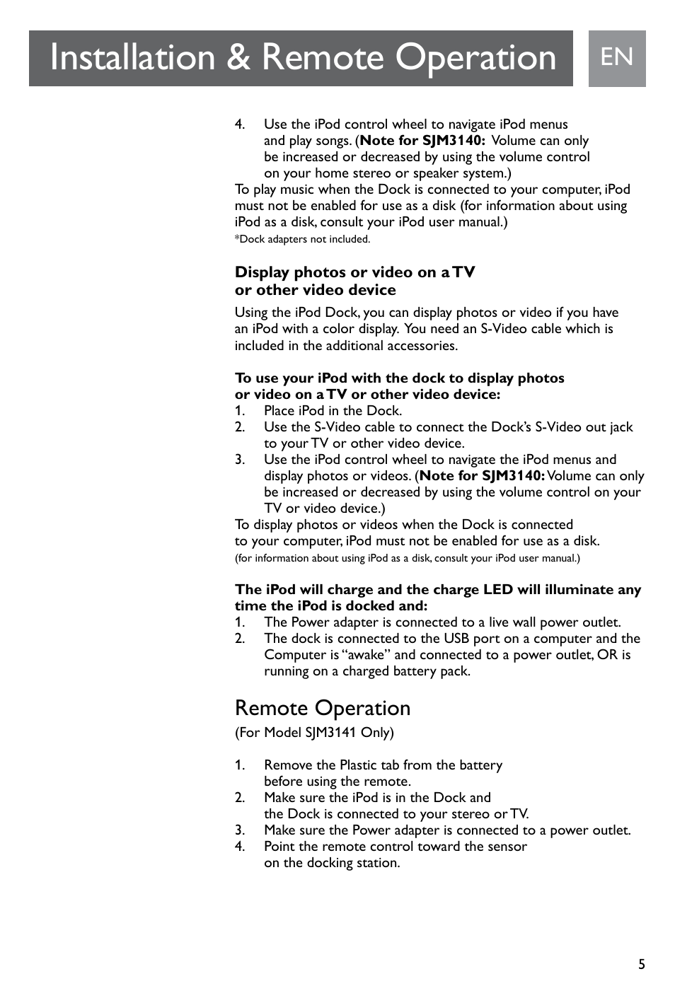 Installation & remote operation, Remote operation | Philips SJM3141 User Manual | Page 5 / 101