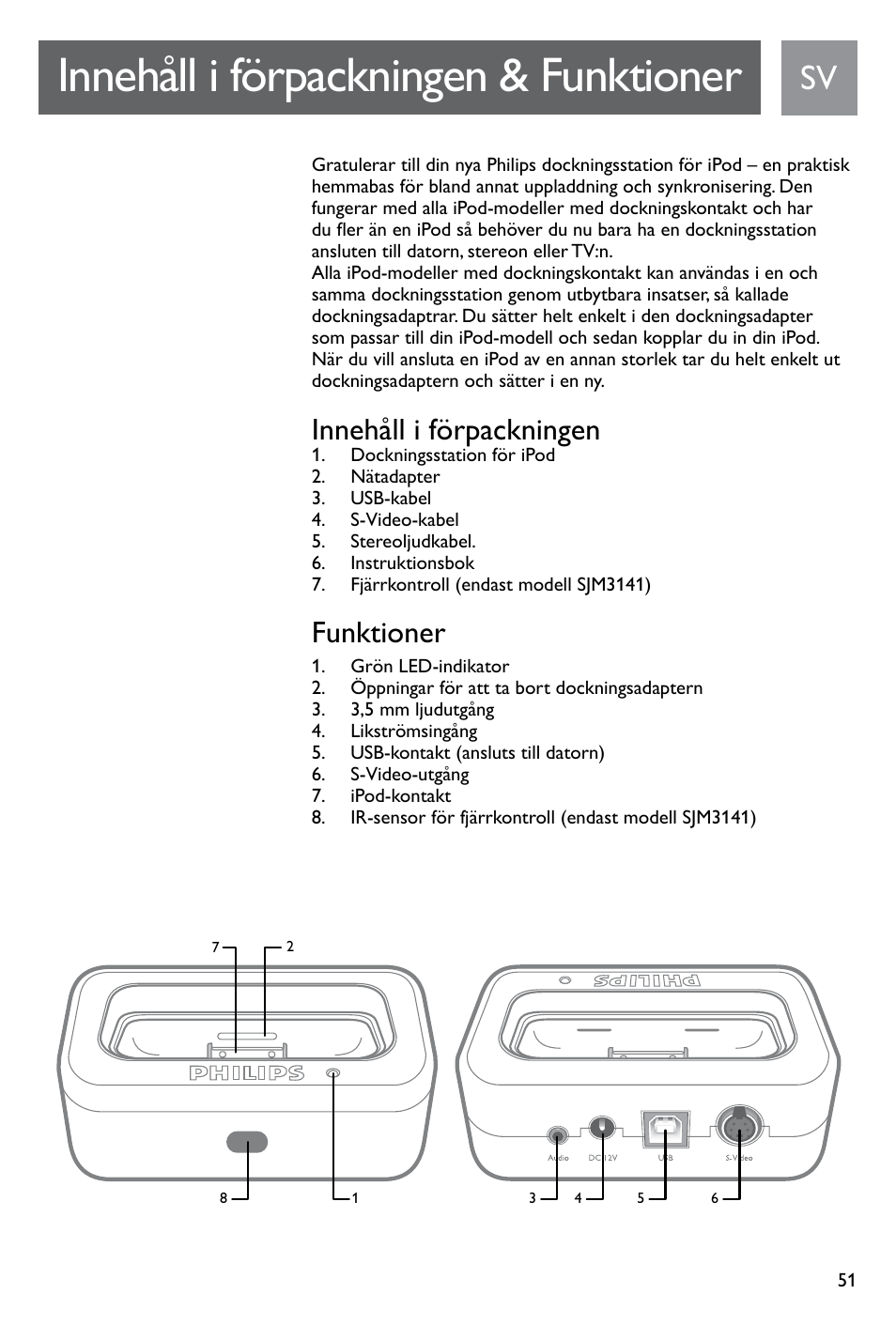 Innehåll i förpackningen & funktioner, Innehåll i förpackningen, Funktioner | Philips SJM3141 User Manual | Page 51 / 101