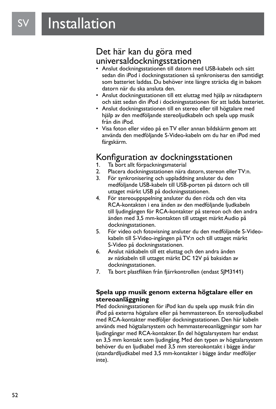 Installation, Konfiguration av dockningsstationen | Philips SJM3141 User Manual | Page 52 / 101