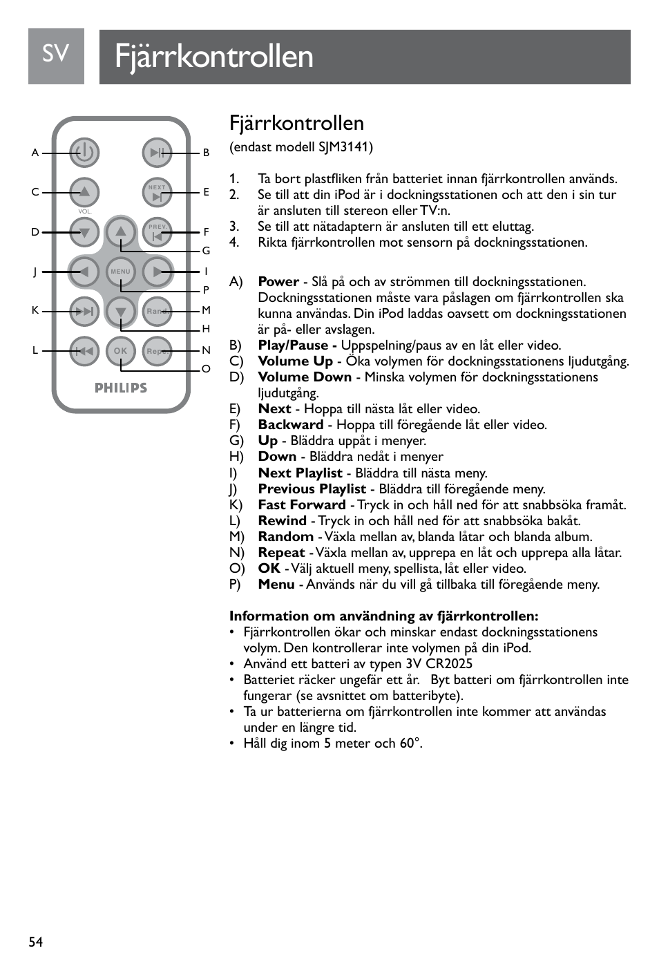 Fjärrkontrollen | Philips SJM3141 User Manual | Page 54 / 101