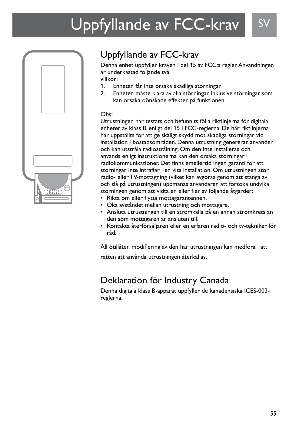 Uppfyllande av fcc-krav, Deklaration för industry canada | Philips SJM3141 User Manual | Page 55 / 101