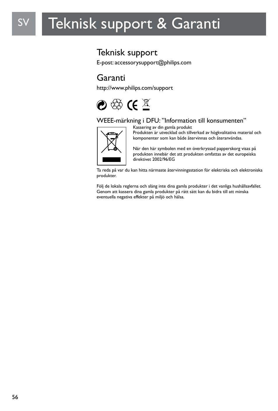 Teknisk support & garanti, Teknisk support, Garanti | Philips SJM3141 User Manual | Page 56 / 101