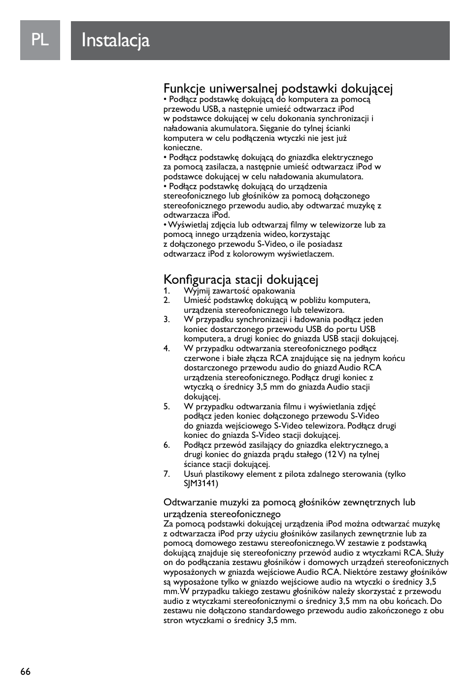 Instalacja, Funkcje uniwersalnej podstawki dokującej, Konfiguracja stacji dokującej | Philips SJM3141 User Manual | Page 66 / 101