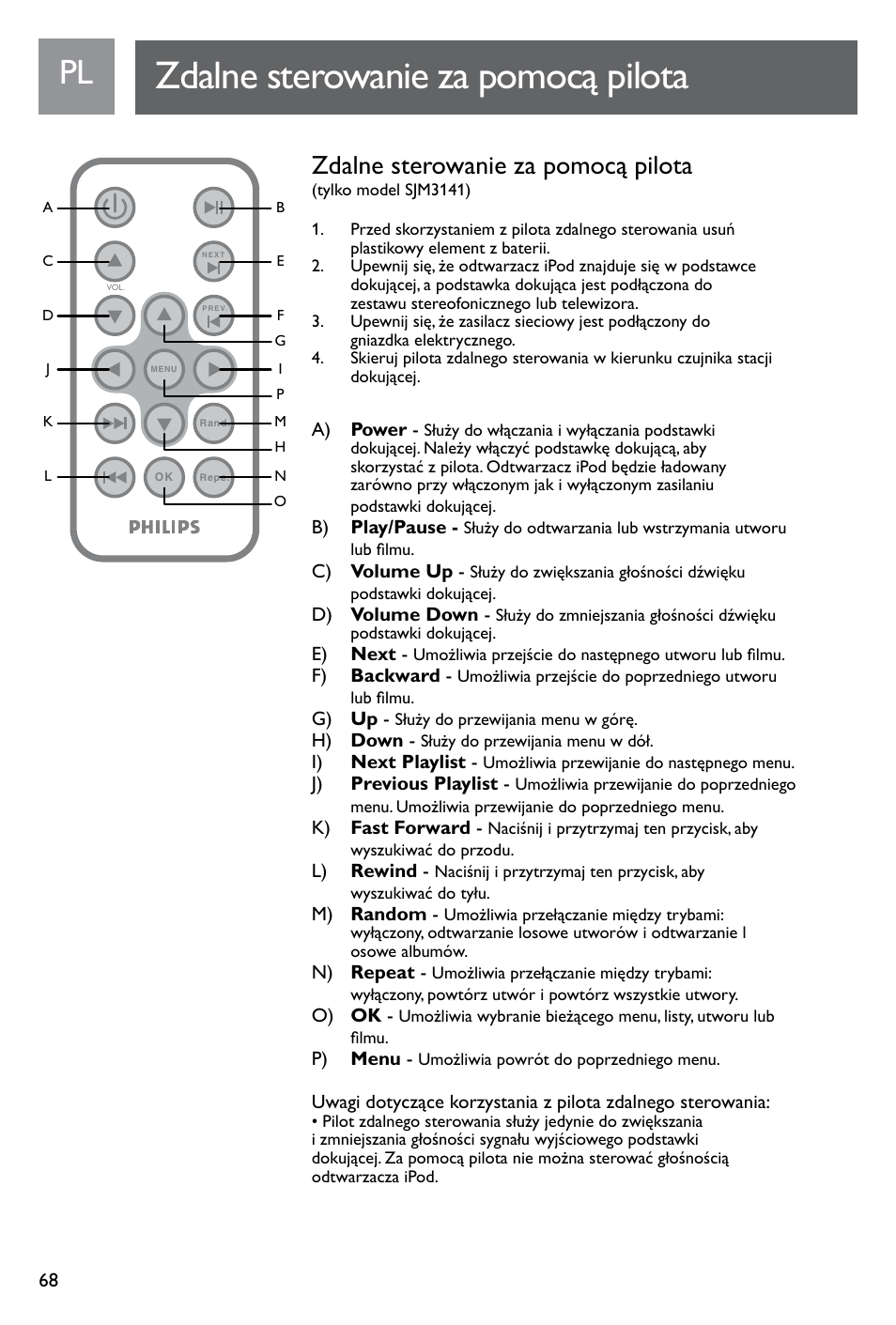 Zdalne sterowanie za pomocą pilota | Philips SJM3141 User Manual | Page 68 / 101