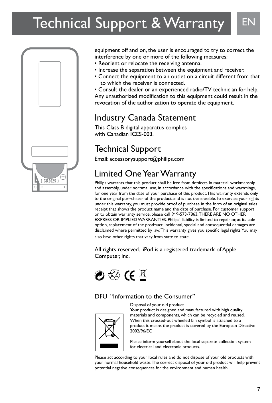 Technical support & warranty, Industry canada statement, Technical support | Limited one year warranty, Dfu “information to the consumer | Philips SJM3141 User Manual | Page 7 / 101