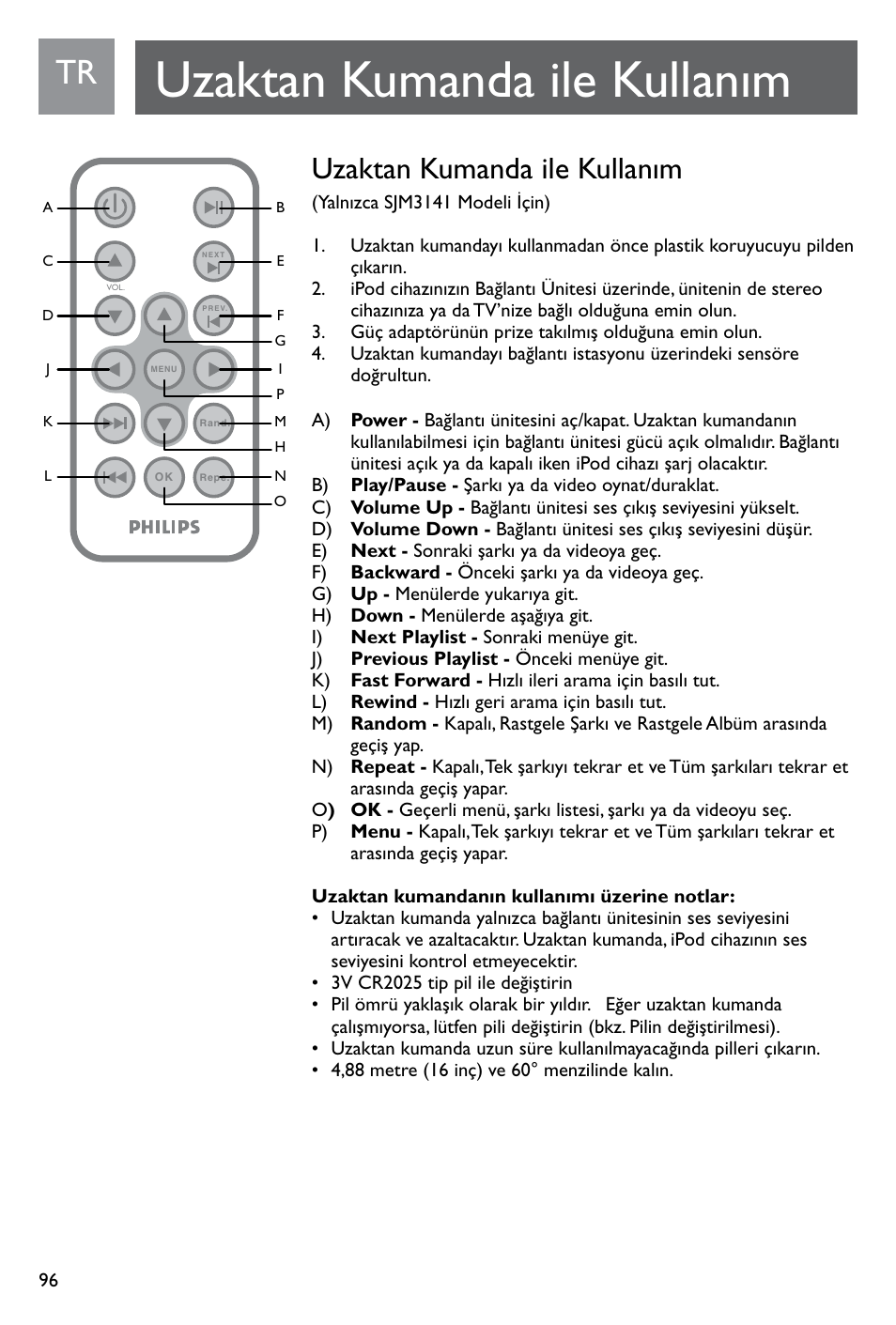 Uzaktan kumanda ile kullanım | Philips SJM3141 User Manual | Page 96 / 101