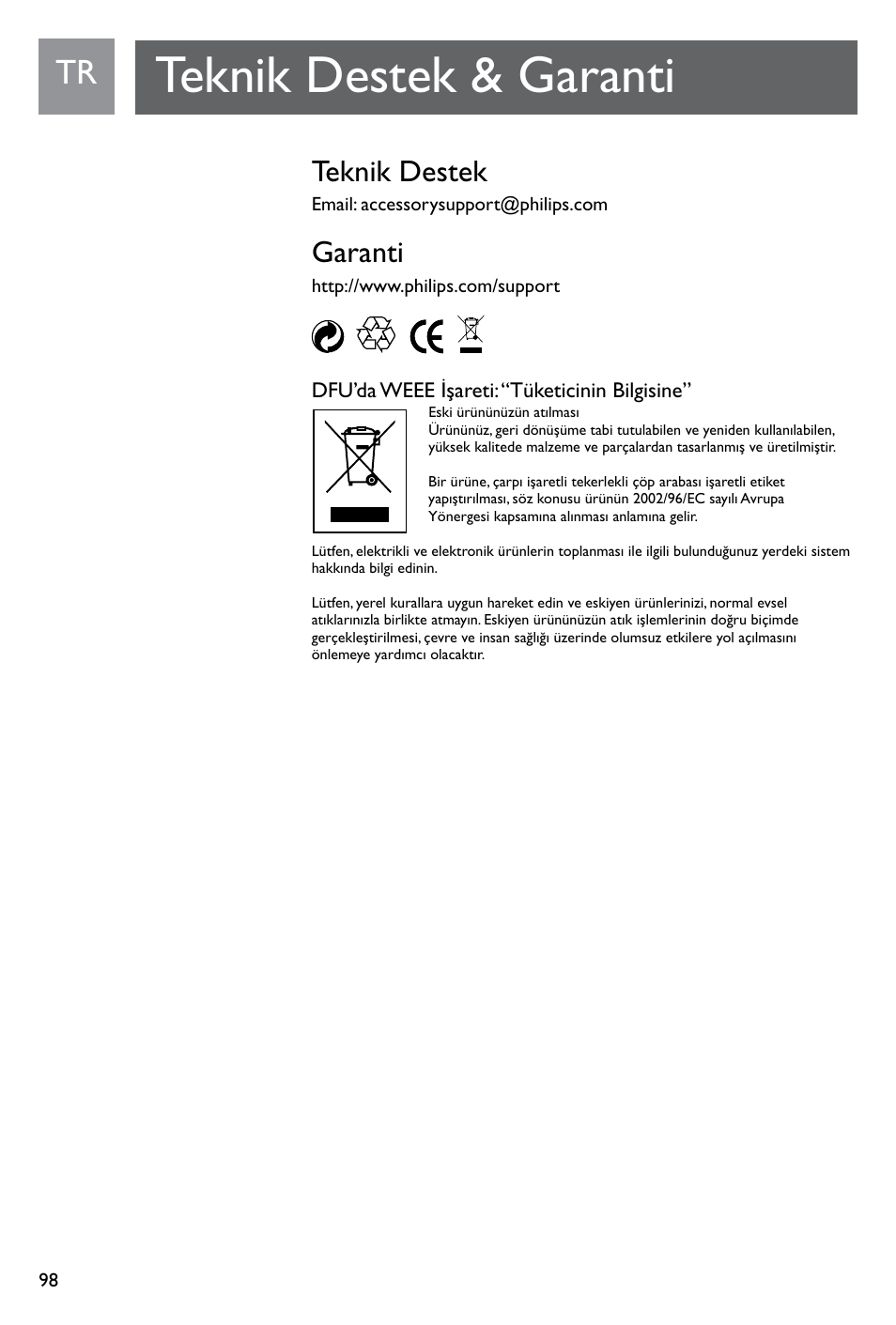 Teknik destek & garanti, Teknik destek, Garanti | Philips SJM3141 User Manual | Page 98 / 101