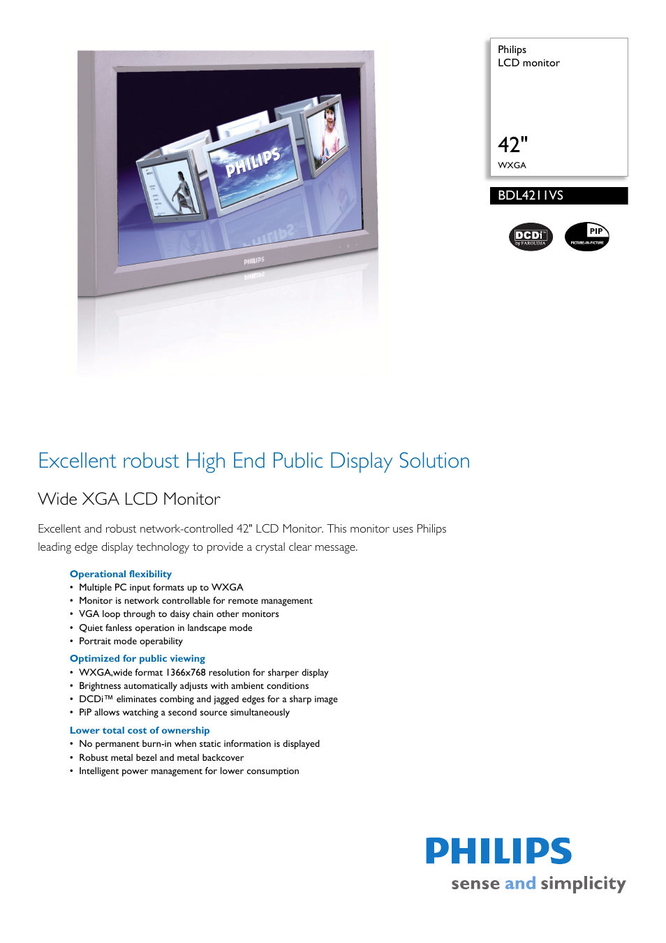 Philips WXGA BDL4211VS User Manual | 2 pages