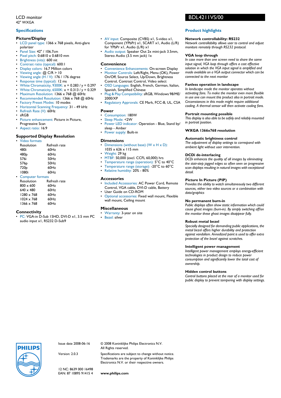 Philips WXGA BDL4211VS User Manual | Page 2 / 2