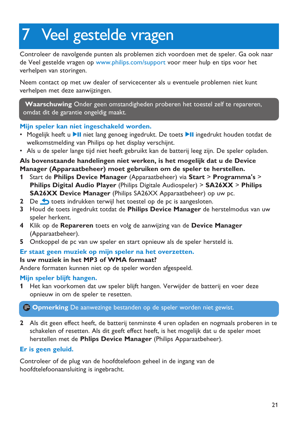 7 veel gestelde vragen, Veel gestelde vragen | Philips GOGEAR SA2641 User Manual | Page 24 / 27