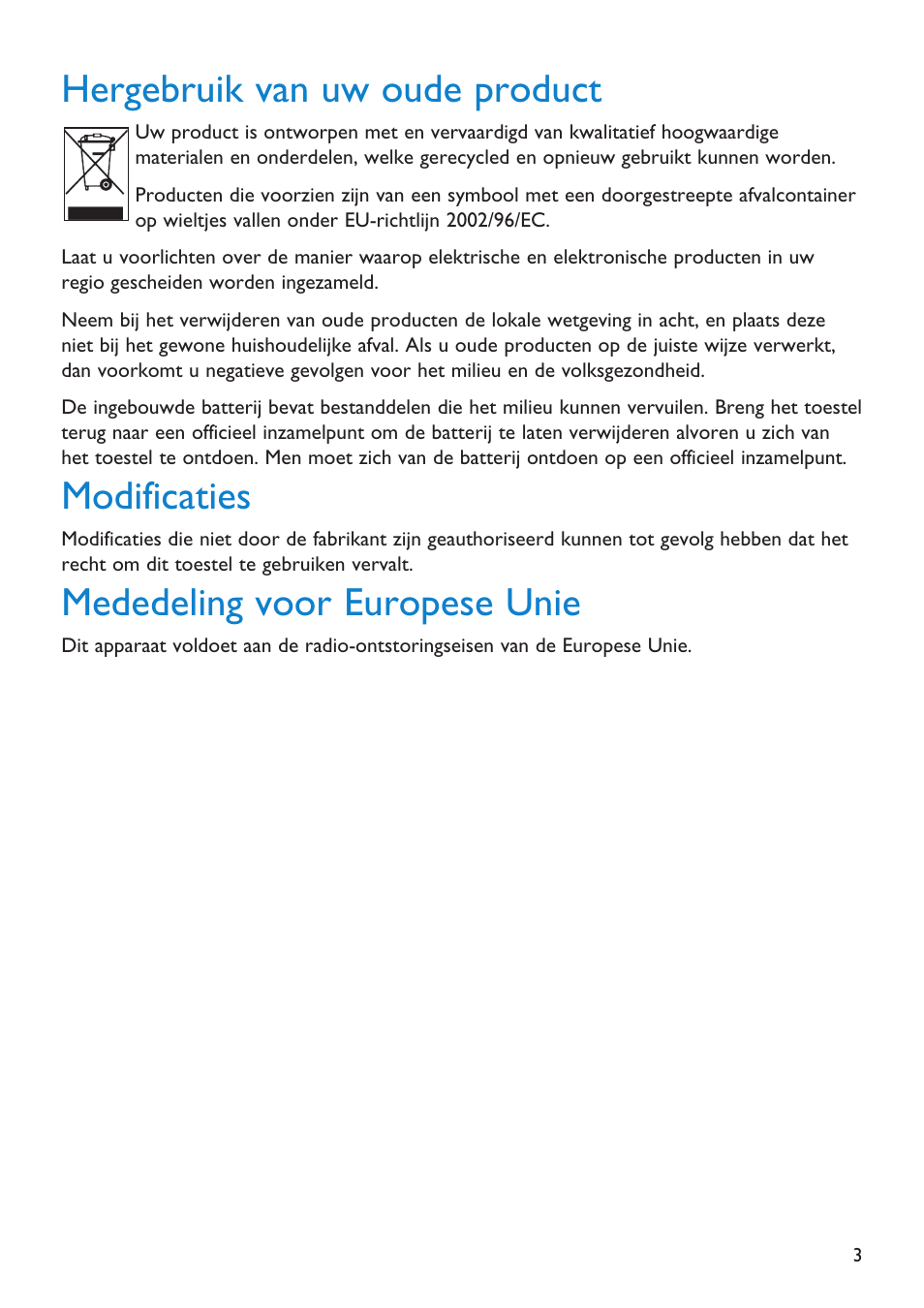 Hergebruik van uw oude product, Modificaties, Mededeling voor europese unie | Philips GOGEAR SA2641 User Manual | Page 6 / 27