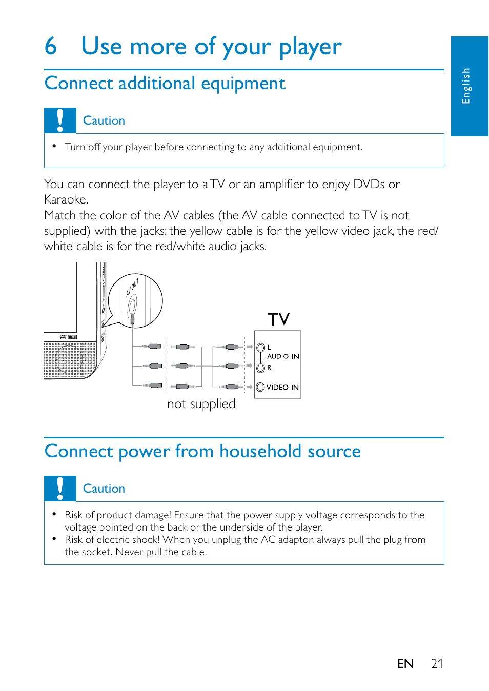6 use more of your player, Connect additional equipment, Connect power from household source | Use more of your player | Philips PD7013 User Manual | Page 20 / 24