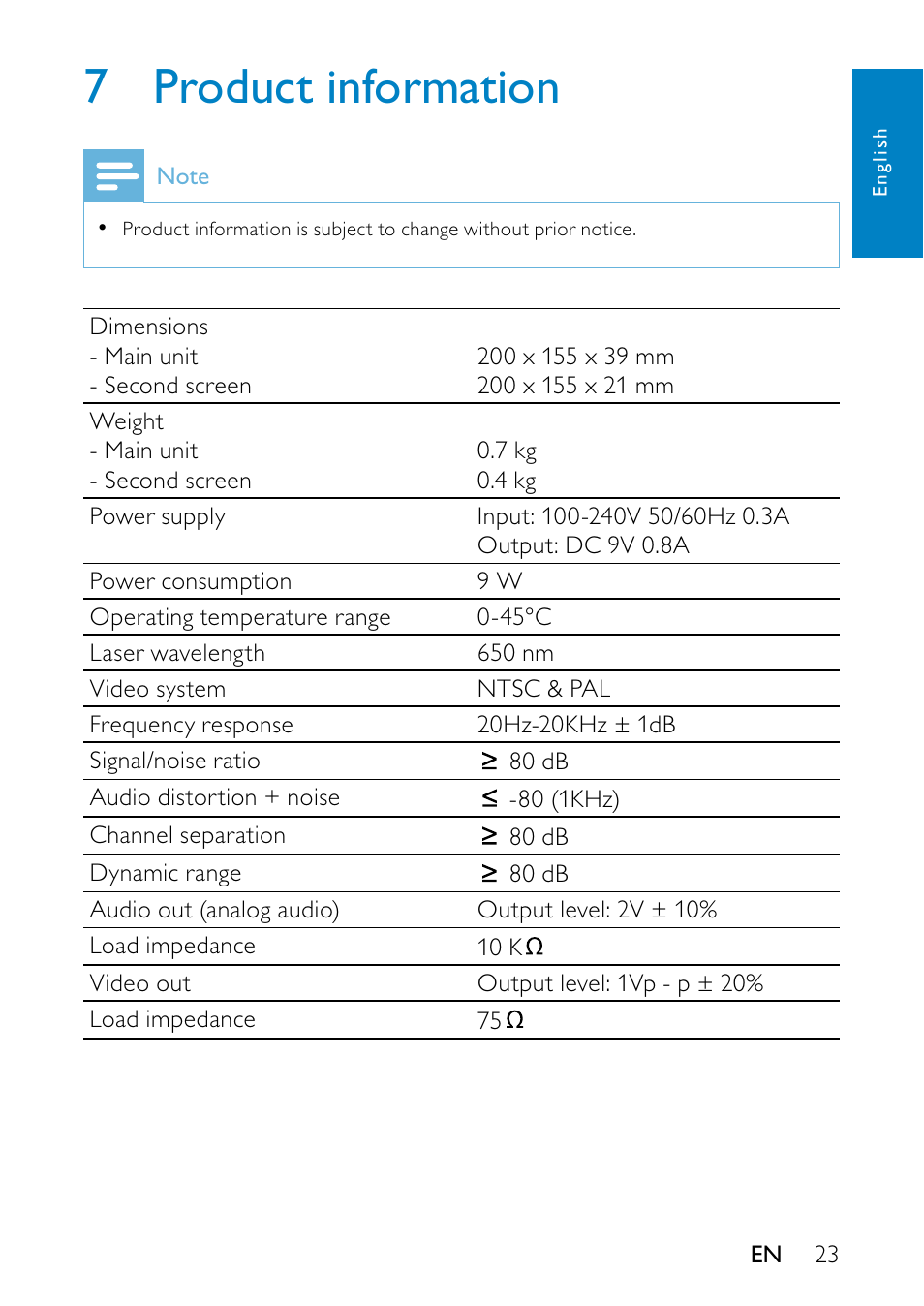 7 product information, 7 product, Information | Philips PD7013 User Manual | Page 22 / 24