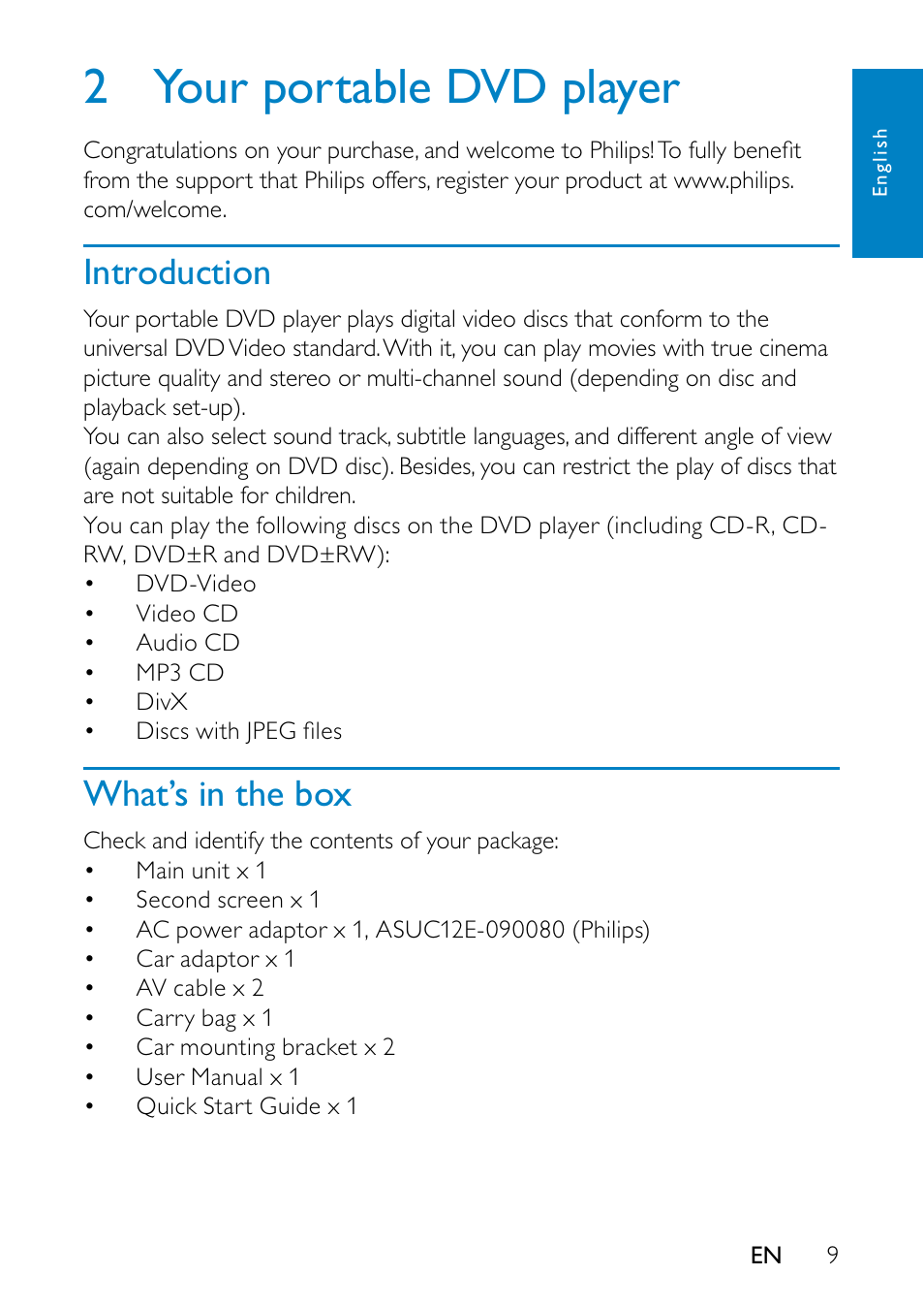 2 your portable dvd player, Introduction, What’s in the box | Your portable dvd player, Introduction 9 what’s in the box | Philips PD7013 User Manual | Page 8 / 24