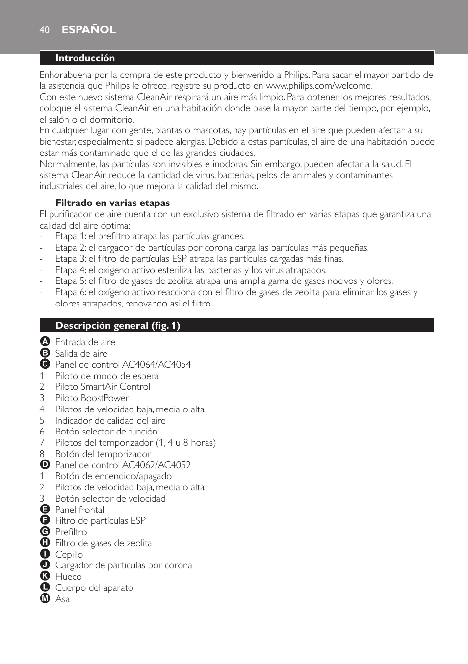 Filtrado en varias etapas, Español, Introducción | Descripción general (fig. 1) | Philips AC4052 User Manual | Page 40 / 116