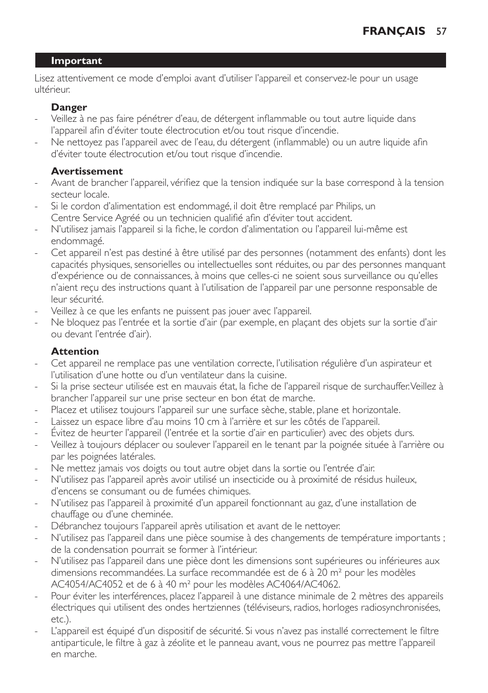 Danger, Avertissement, Attention | Important | Philips AC4052 User Manual | Page 57 / 116