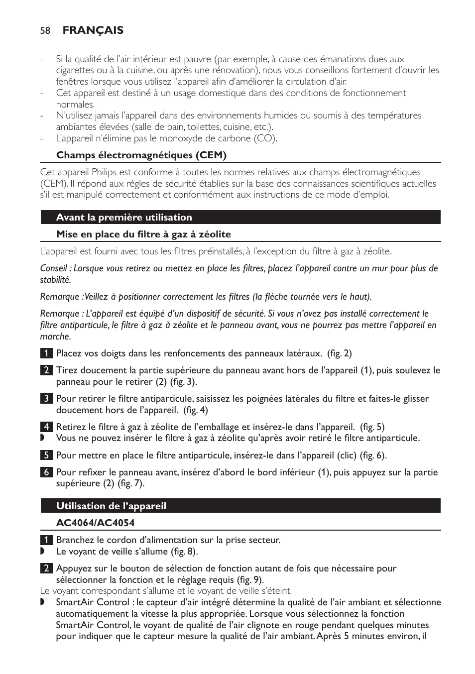 Champs électromagnétiques (cem), Avant la première utilisation, Mise en place du filtre à gaz à zéolite | Utilisation de l’appareil, Ac4064/ac4054 | Philips AC4052 User Manual | Page 58 / 116
