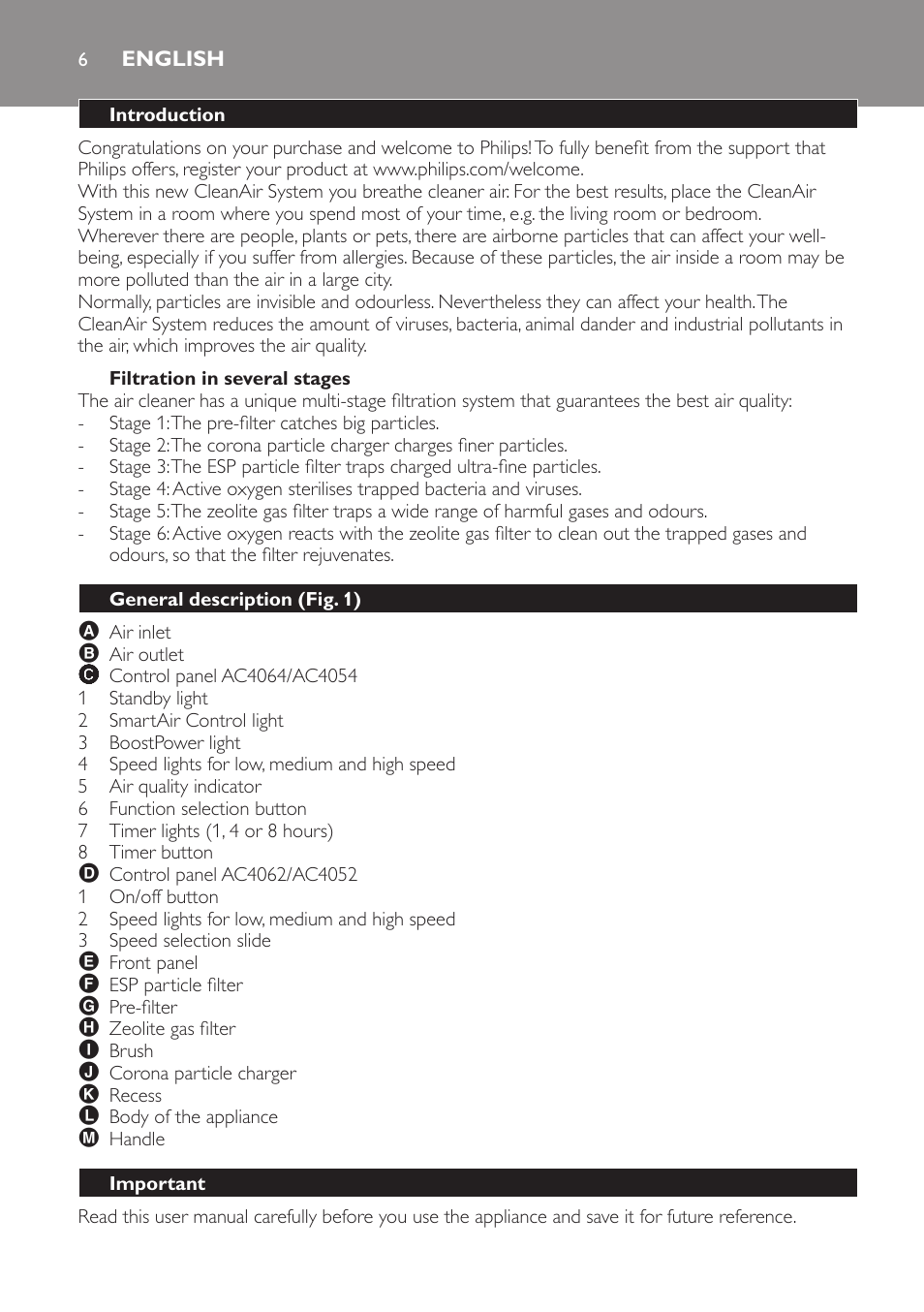 English, Introduction, Filtration in several stages | General description (fig. 1), Important | Philips AC4052 User Manual | Page 6 / 116