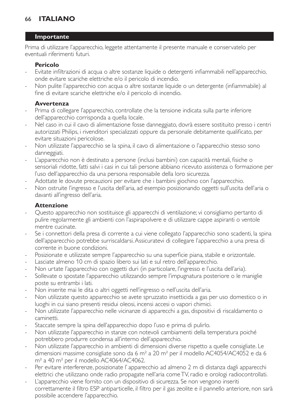 Pericolo, Avvertenza, Attenzione | Importante | Philips AC4052 User Manual | Page 66 / 116