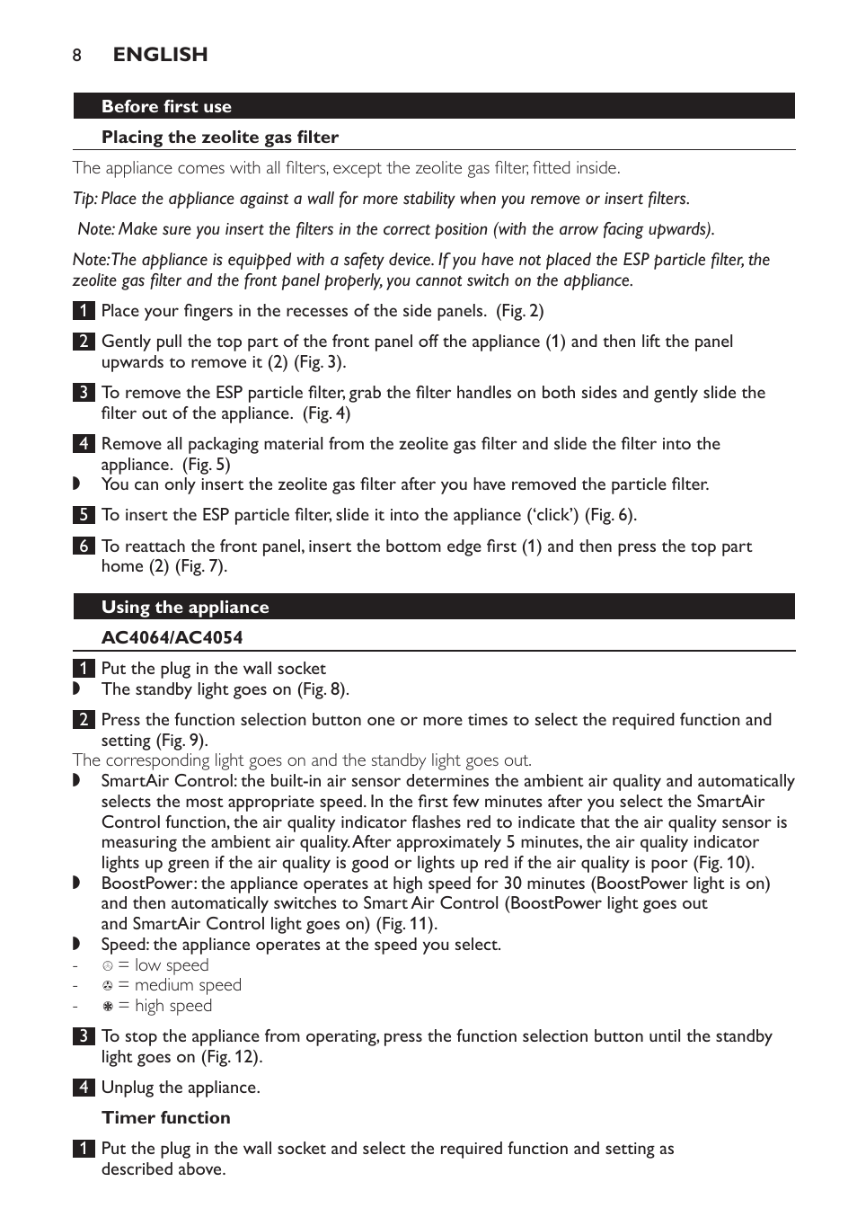 Before first use, Placing the zeolite gas filter, Using the appliance | Ac4064/ac4054, Timer function | Philips AC4052 User Manual | Page 8 / 116