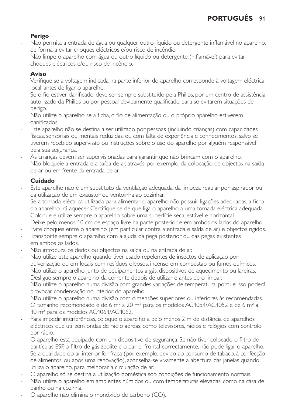 Perigo, Aviso, Cuidado | Philips AC4052 User Manual | Page 91 / 116