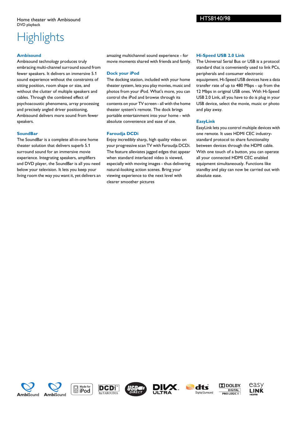 Highlights | Philips HTS8140/98 User Manual | Page 2 / 3